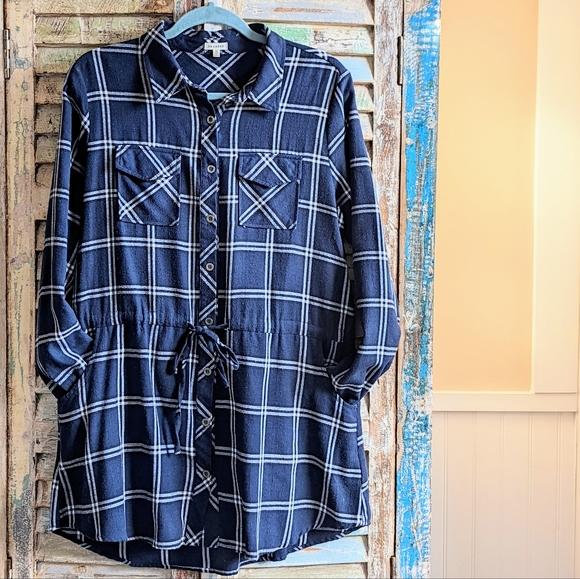 Flannel Tunic Dress Drawstring Shirt Dress with Pockets Navy Blue Plaid - Picture 4 of 4